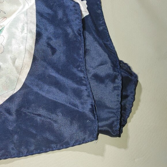 Flowers Floral Print Satin Square Scarf 30 by 30 Navy Border Bow Design - Picture 7 of 12